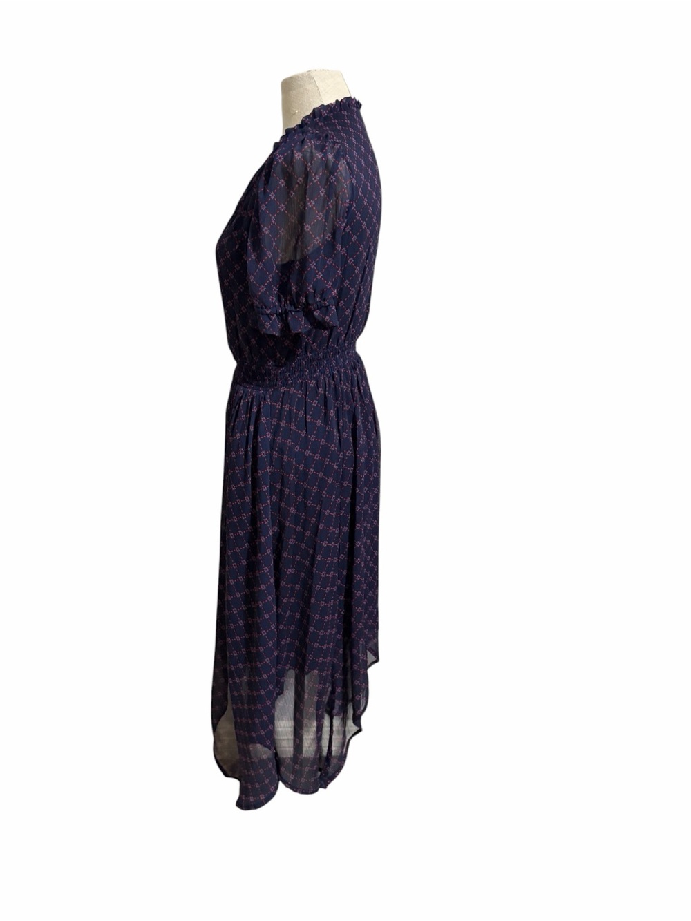 Draper James Navy Printed V-Neck High-Low Midi Dress Bandanna Hem Romantic Sz XS - Picture 3 of 11